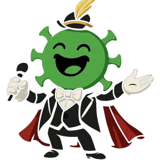 Mascota de Opera Virus: un virus verde vestido de showman de ópera, con capa roja y micrófono
